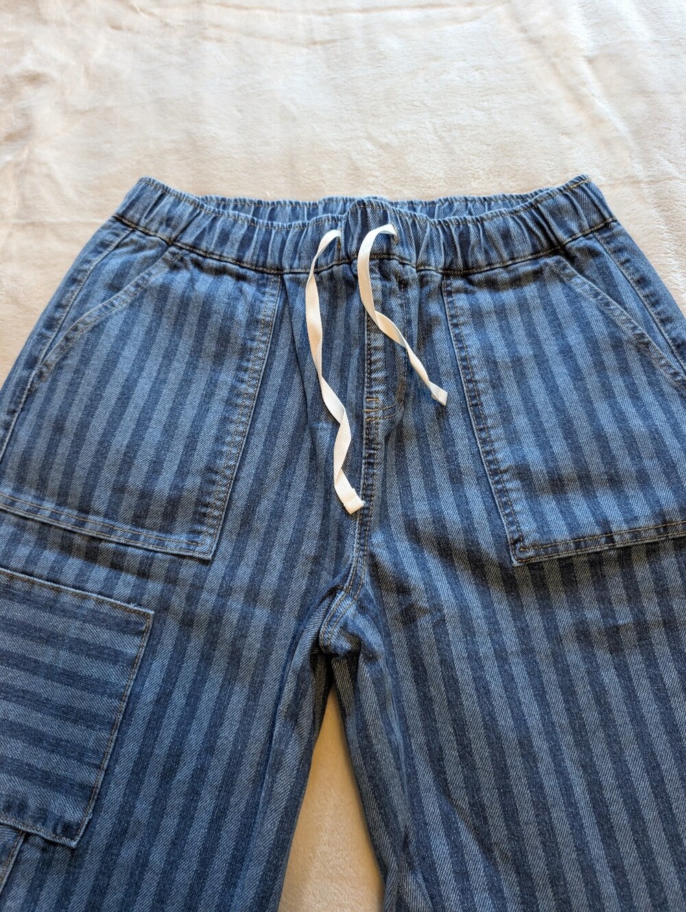 Flamingals Striped Drawstring Elastic High Rise Denim Bermuda Shorts NWT Large - Picture 7 of 12